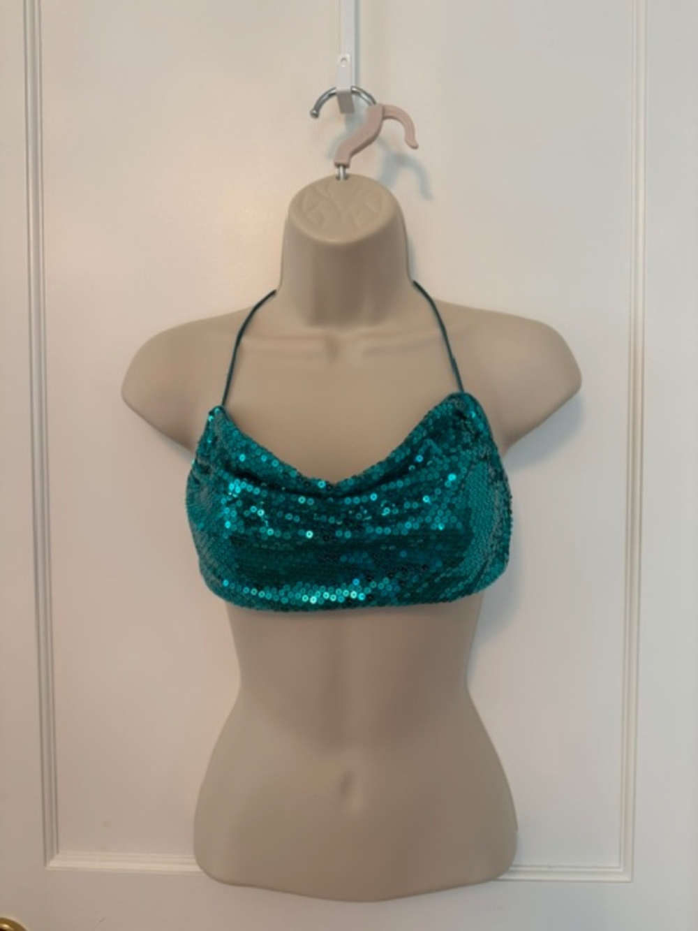 NBD Annelise Sequin Halter Crop Top in Turquoise